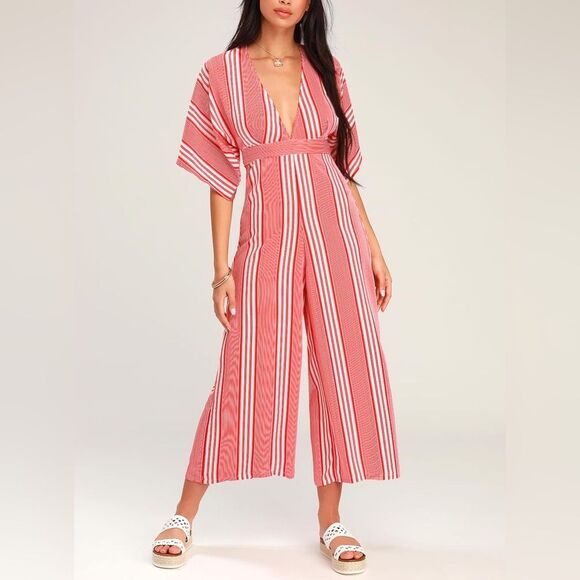 Lulus Gone Coastal Red and White Striped V-Neck Wide-Leg Jumpsuit - Picture 1 of 9